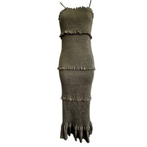 Mable Olive Green Smocked Tiered Ruffle Maxi Dress Womens Small MD22911
